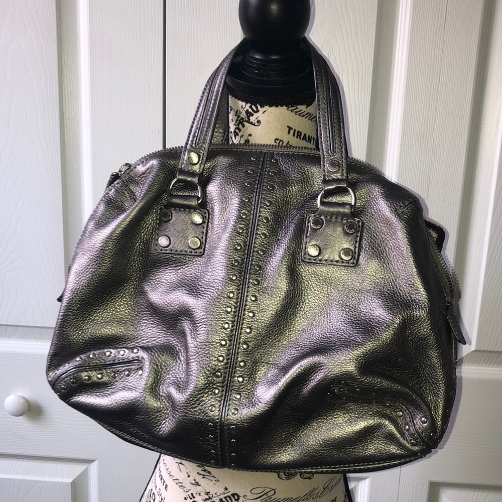 Michael Kors silver leather satchel with rivets